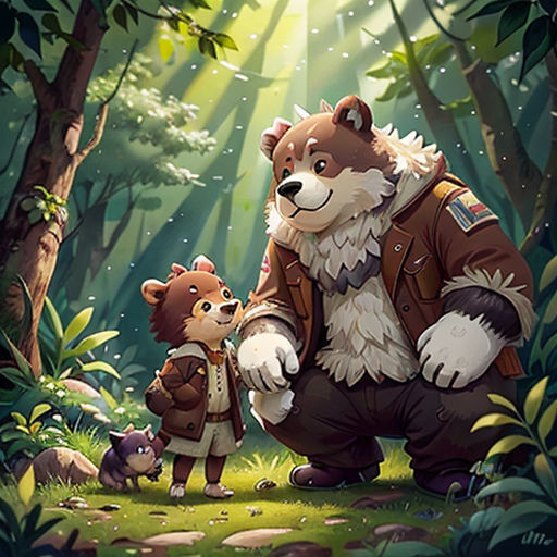 a bear and a bear cub in the woods with sunlight coming through the trees and leaves on the ground