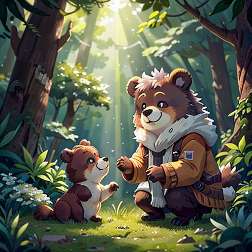 a bear and a dog in the woods with sunlight coming through the trees and leaves on the ground,