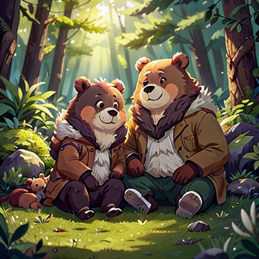 two bears sitting in the woods with sunlight shining through the trees behind them and a person holding a teddy bear