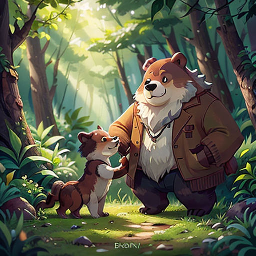 a man and a dog in the woods with a forest background and a forest scene with trees and bushes