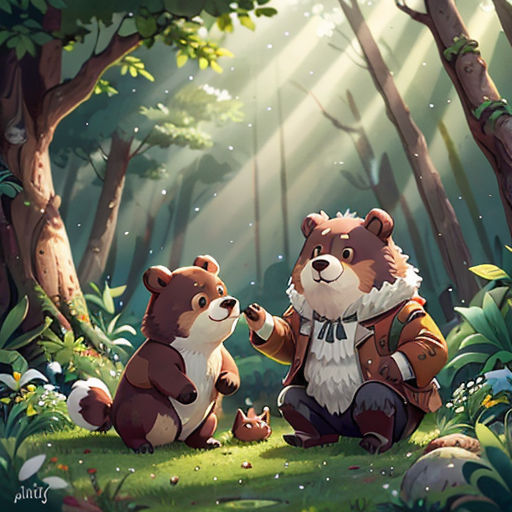 a bear and a fox sitting in the woods together, with sunlight streaming through the trees behind them and a forest scene behind them