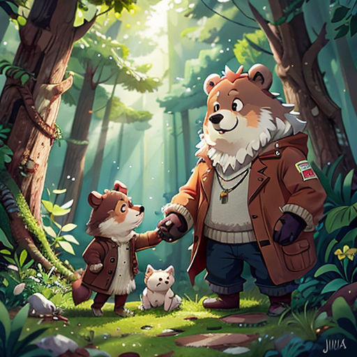 a man and a dog are in the woods holding hands and walking through the woods with a bear and a dog