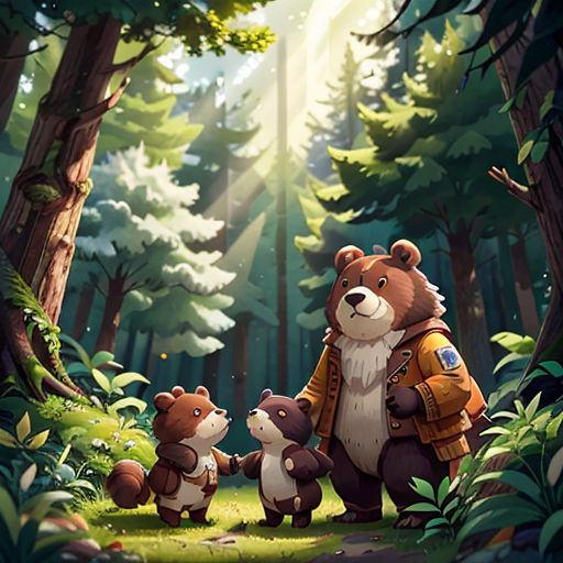 a bear and two cubs in a forest with sunlight coming through the trees and a person holding a backpack