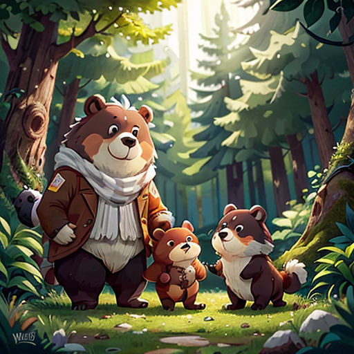 a bear and two cubs in a forest with trees and rocks, with a man holding a bear's hand