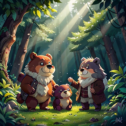 a couple of bears standing in the middle of a forest with a bear cub on their lap and a bear cub on their lap
