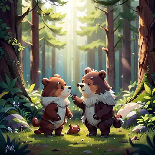 two bears standing in the woods with their paws on each other's chests, facing each other, with sunlight streaming through the trees behind them