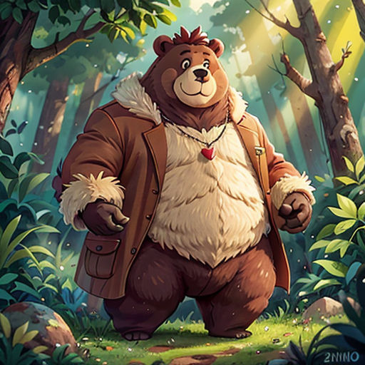 a bear in a forest with a backpack on his back and a backpack on his shoulder, walking through the woods