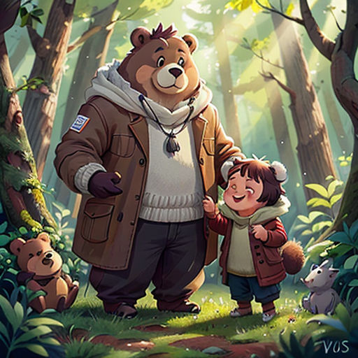a man and a child standing in the woods with a bear on their back and a bear on his arm