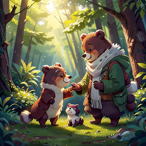 a couple of bears standing in the woods next to each other with a dog on their lap and a cat on their lap