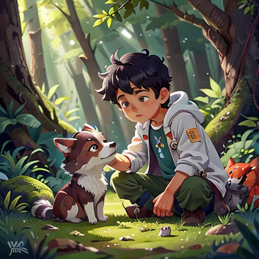 a boy kneeling down next to a dog in the forest with a forest background and a forest scene behind him