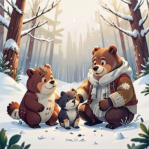a couple of bears sitting next to each other in the snow in a forest with trees and snow covered ground