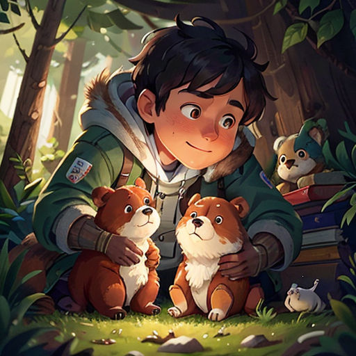 a boy is holding two small dogs in the woods with other animals around him and a forest background is also in the background