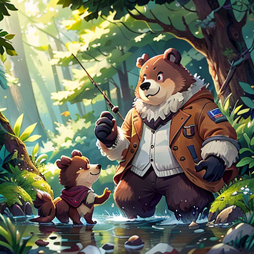 a bear and a bear cub fishing in a river in the woods with a bear cub holding a fishing rod