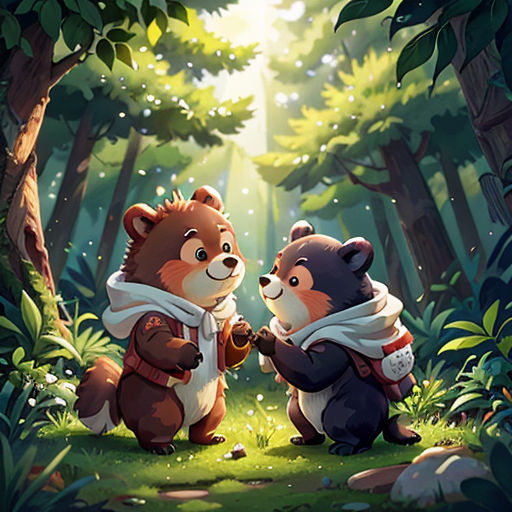 two bears are standing in the woods together, one is holding the other's hand and the other is holding the other's hand