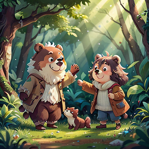 two children are standing in the woods with a bear and a fox on their backs, and a dog is looking at them