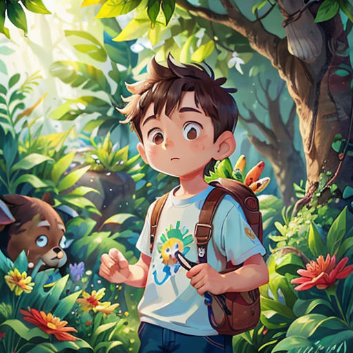 a boy in a forest with a backpack and a cat in the background, looking at him from the ground