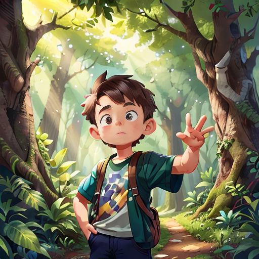 a boy in a forest pointing at something with his hand and a backpack on his shoulder, with a forest background