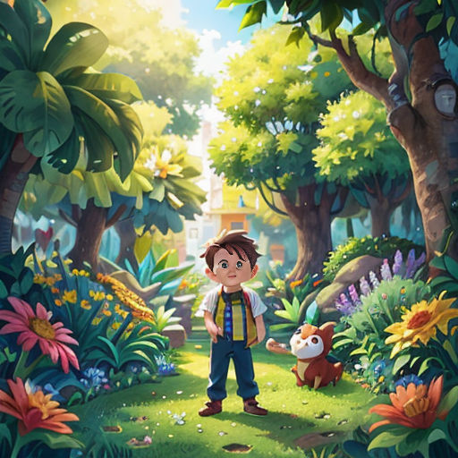 a boy standing in a forest with a dog in front of him and a forest background with flowers and trees