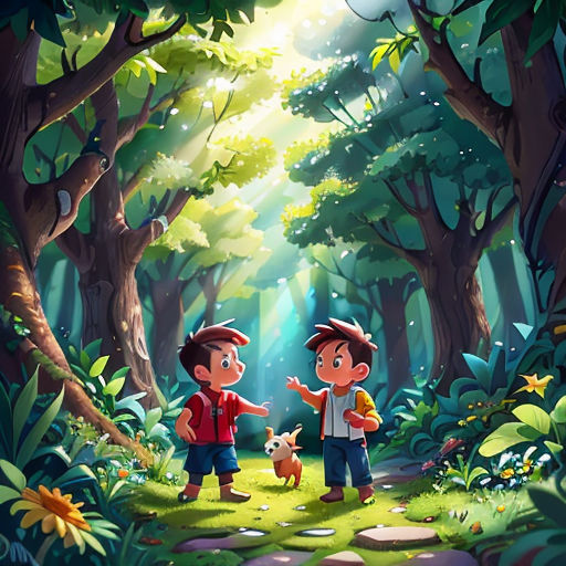 two children are standing in the woods with a dog and a cat in front of them, looking at the sun