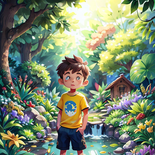 a boy standing in a forest with a birdhouse in the background and a stream running through the forest