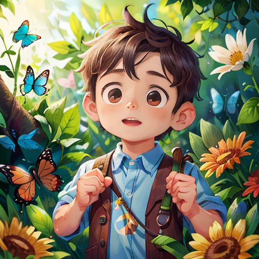 a boy with a backpack standing in a field of flowers and butterflies with a butterfly in his hand and a butterfly in his other hand