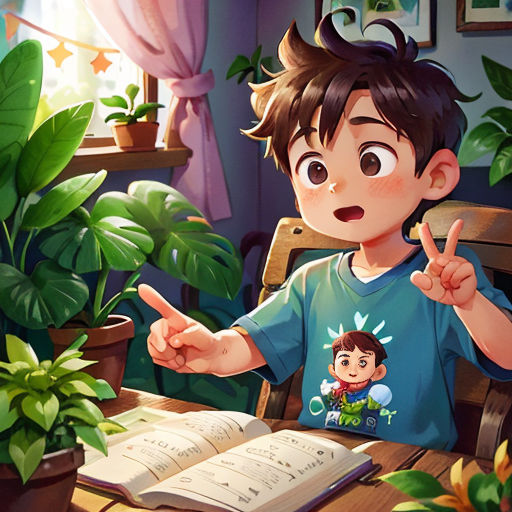 a boy sitting at a table with an open book and pointing to the book he is holding in his hand