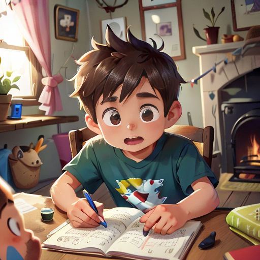 a boy is sitting at a table with a book and pen in his hand and a stuffed animal is in the background