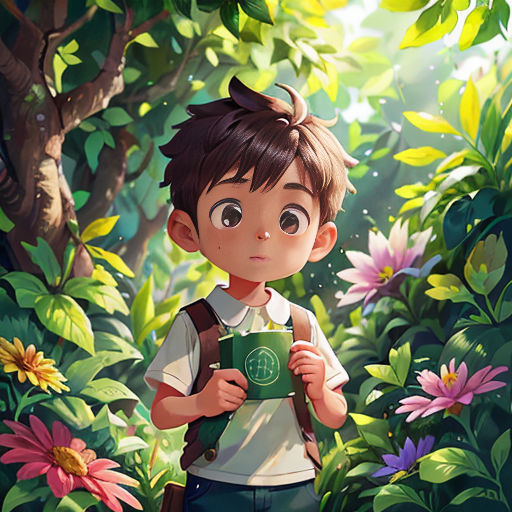 a boy in a forest holding a book and a backpack in his hands and looking at the camera with a smile