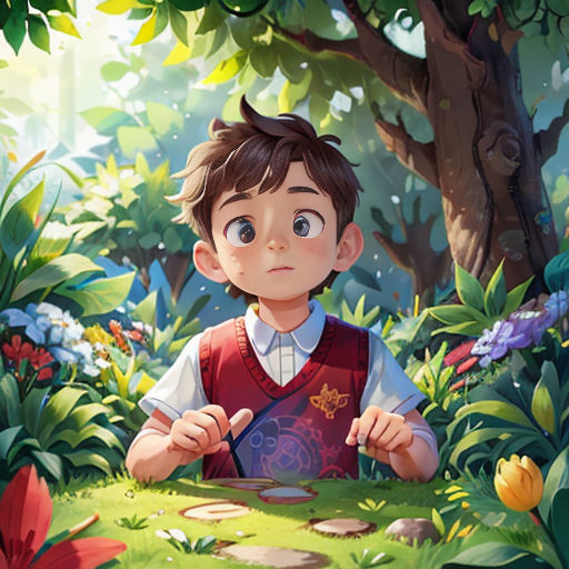 a boy in a red vest sitting in a forest with a magnifying glass in his hand and a magnifying glass in his hand
