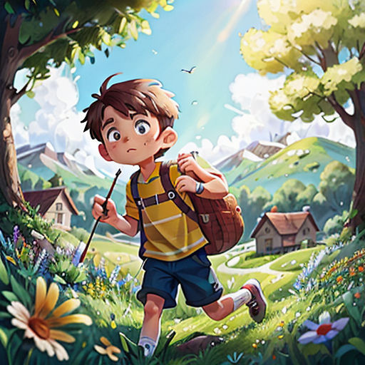 a boy with a backpack is walking through the woods with a stick in his hand and a backpack on his shoulder