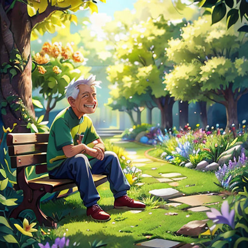 a man sitting on a bench in a park with flowers and trees around him and a path leading to a park