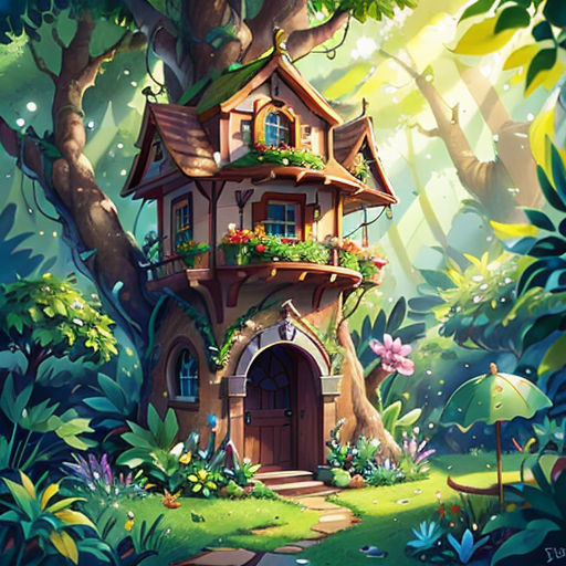 a house in the middle of a forest with a tree house on it's roof and a pathway leading to it