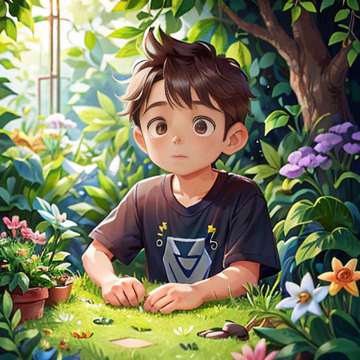 a boy sitting in the grass with flowers around him and a bird flying over him, in the background