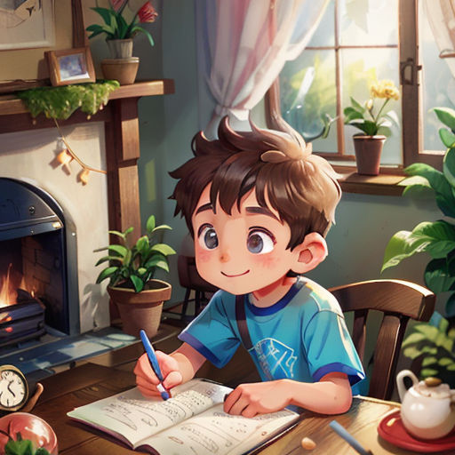 a boy is writing in a book in front of a fireplace with a clock and potted plants on the table