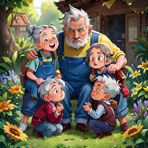 a family of five sitting in a garden with a house in the background and a sunflowers in the foreground
