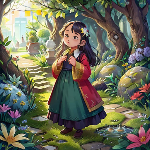 a girl in a green dress standing in a forest with flowers and trees around her, looking at the ground