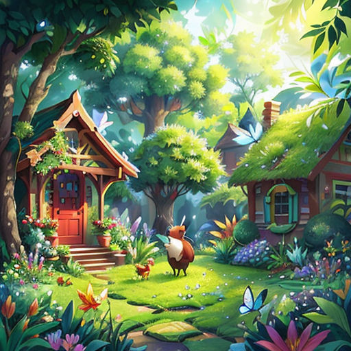 a painting of a forest with a house and a rooster in the foreground and a bird in the background