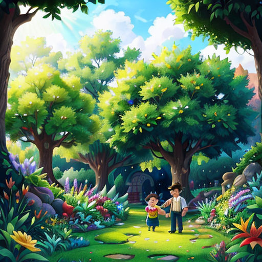 a painting of a man and a child walking through a forest with trees and flowers on the ground and a house in the background