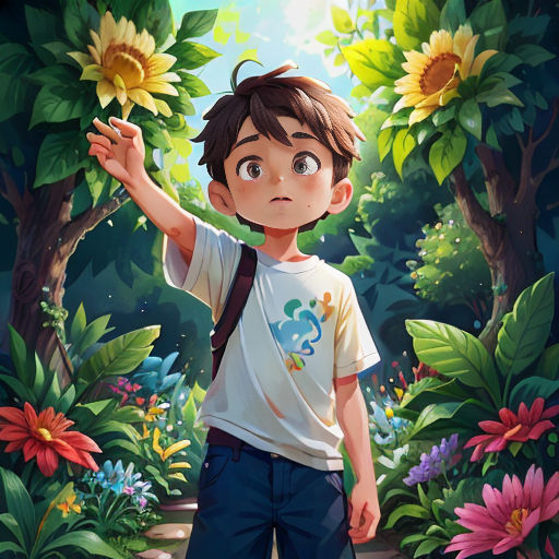 a boy in a white shirt and blue pants holding a flower in his hand and a sunflower in the background