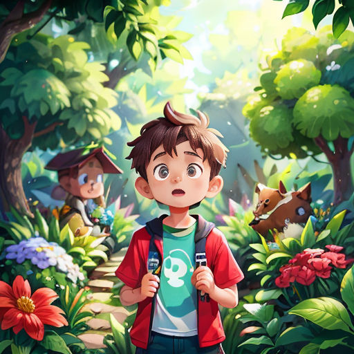 a boy with a backpack standing in a forest with other animals and plants around him, looking at the camera