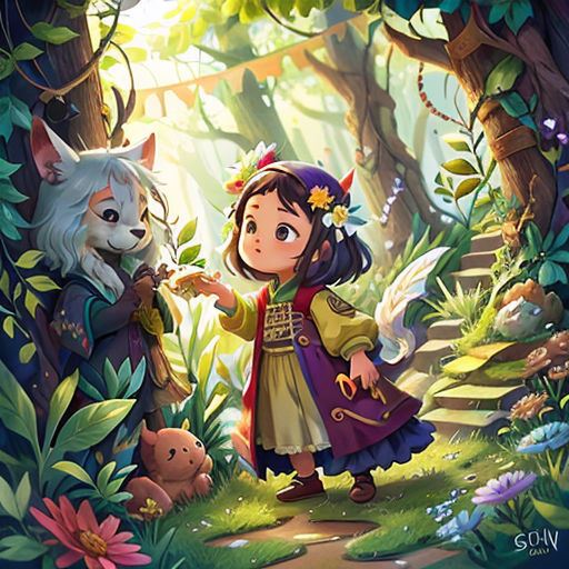 a girl and a wolf in a forest with flowers and trees, and a forest scene with a forest path