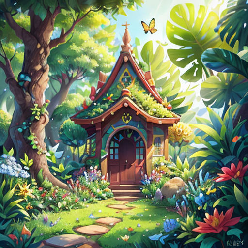 a painting of a small house in the woods with a butterfly flying over it's roof and a path leading to it