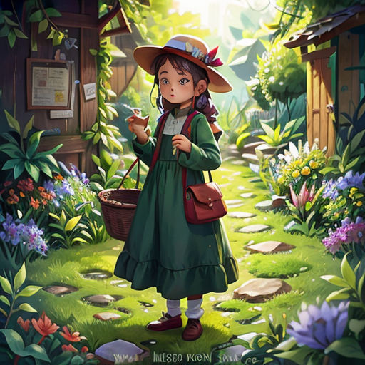 a girl in a green dress and hat holding a basket in a garden with flowers and a shed in the background