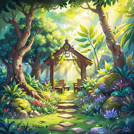 a painting of a forest with a bench and trees in the background and a path leading to a gazebo