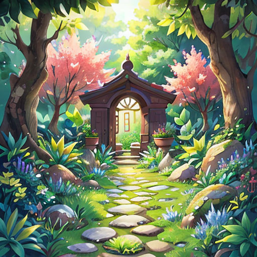 a painting of a path leading to a small house in the woods with flowers and trees around it, with a pathway leading to a small house