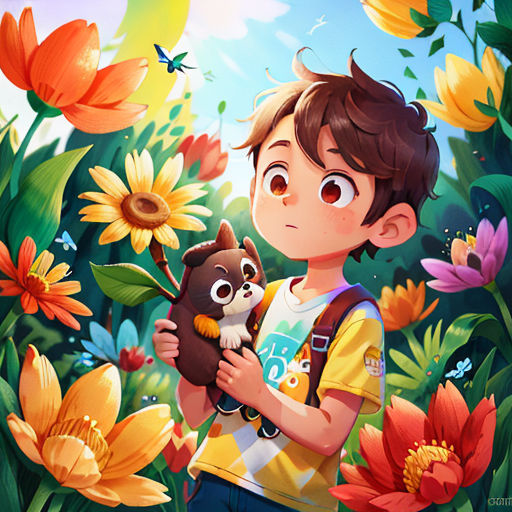 a boy holding a small dog in a field of flowers and butterflies with a butterfly flying overhead in the sky
