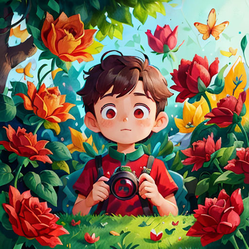 a boy is taking a picture of flowers with a camera in a field of flowers with a butterfly flying overhead