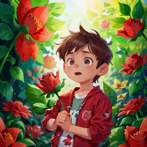 a boy in a red jacket holding a flower in a forest with red flowers and green leaves on the ground