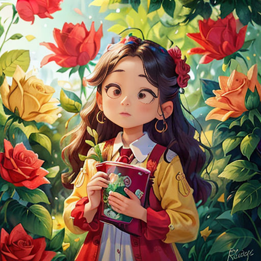a girl in a red dress holding a book in front of flowers and roses with a sky background that has red roses