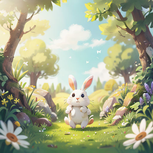 a rabbit sitting in the middle of a forest with flowers and trees around it, with a sky background